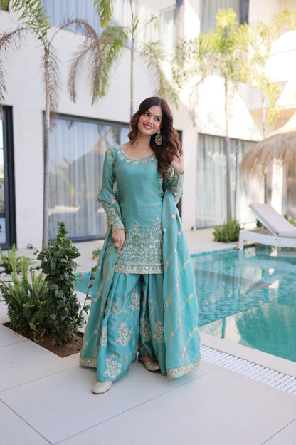 Attractive Light Blue Color Embroidered Sharara Suit Set