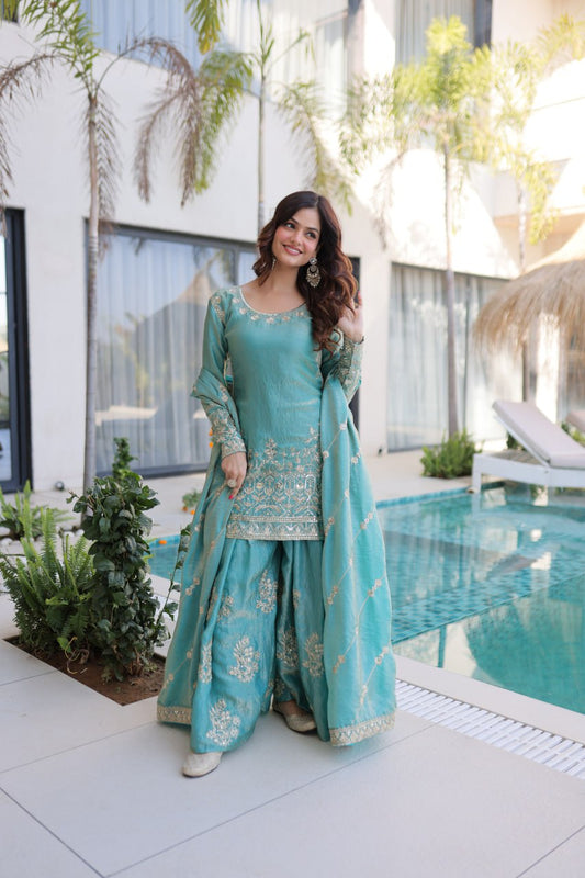 Attractive Light Blue Color Embroidered Sharara Suit Set