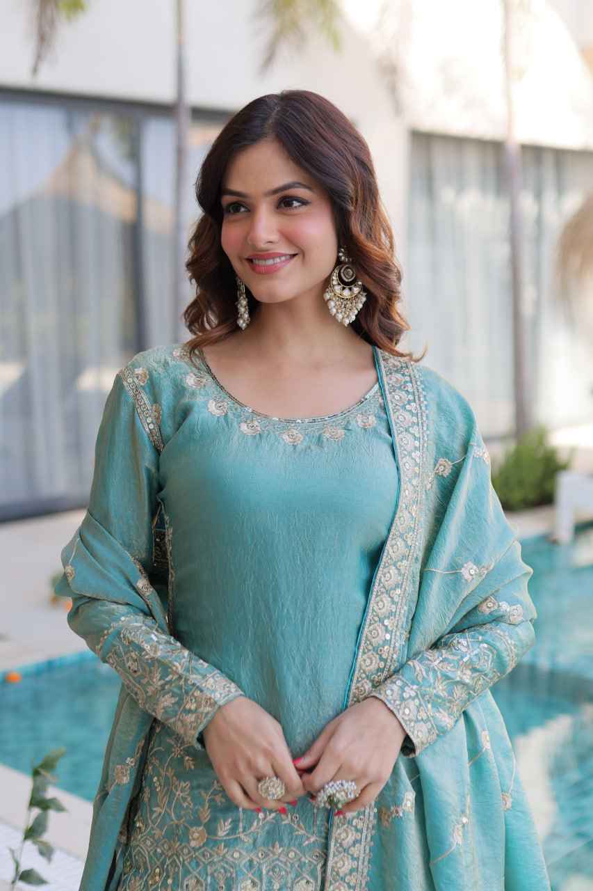 Attractive Light Blue Color Embroidered Sharara Suit Set