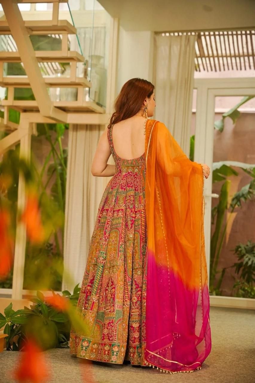 Attractive Yellow Color Digital Printed Jimmy Organza Silk Anarkali Gown