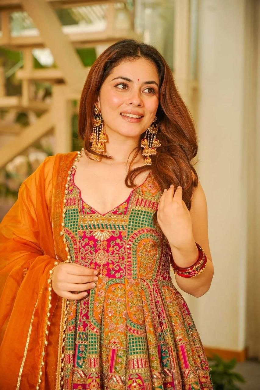 Attractive Yellow Color Digital Printed Jimmy Organza Silk Anarkali Gown