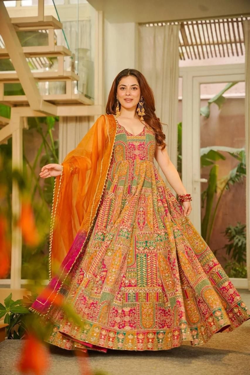 Attractive Yellow Color Digital Printed Jimmy Organza Silk Anarkali Gown