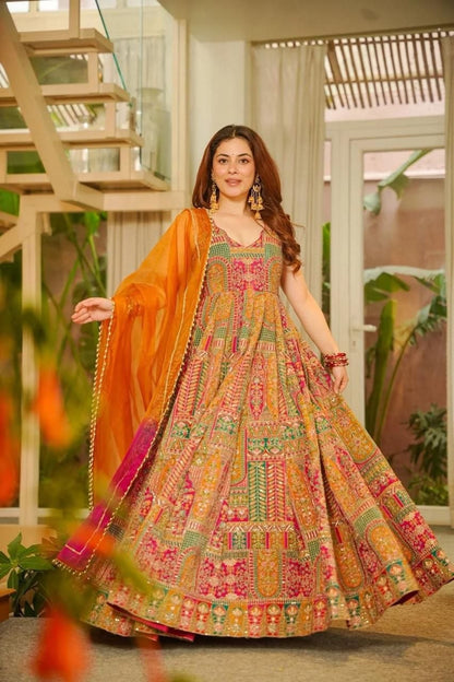 Attractive Yellow Color Digital Printed Jimmy Organza Silk Anarkali Gown