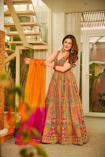 Attractive Yellow Color Digital Printed Jimmy Organza Silk Anarkali Gown