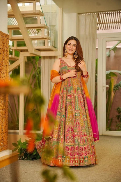 Attractive Yellow Color Digital Printed Jimmy Organza Silk Anarkali Gown