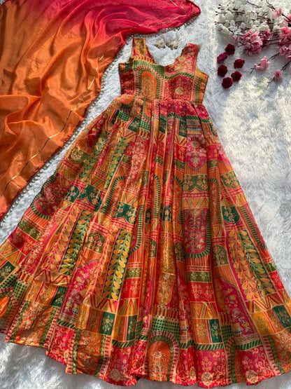 Attractive Yellow Color Digital Printed Jimmy Organza Silk Anarkali Gown