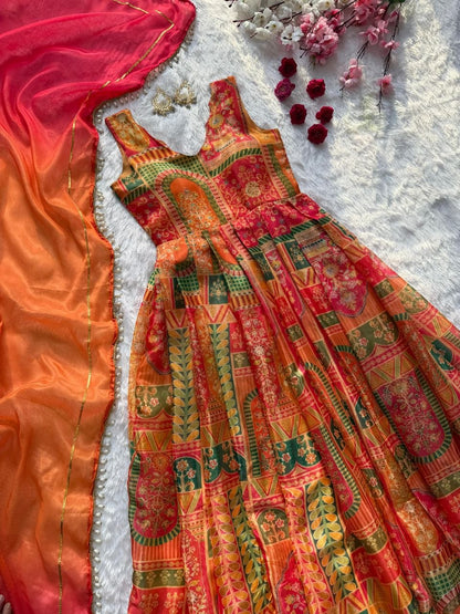 Attractive Yellow Color Digital Printed Jimmy Organza Silk Anarkali Gown