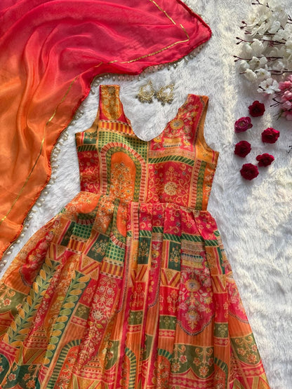Attractive Yellow Color Digital Printed Jimmy Organza Silk Anarkali Gown