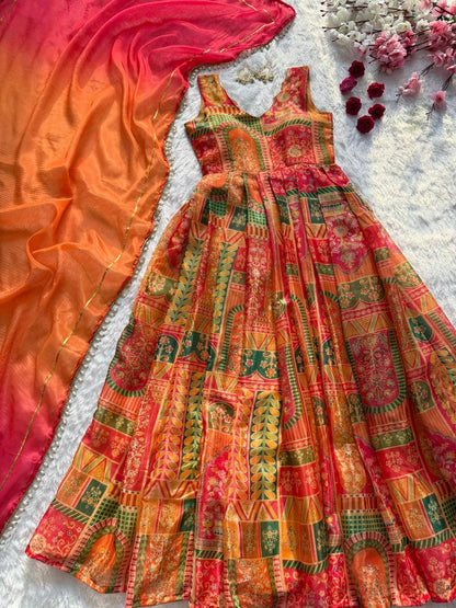 Attractive Yellow Color Digital Printed Jimmy Organza Silk Anarkali Gown