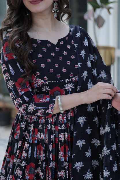 Fancy Cotton Round Neck Black Color Gown