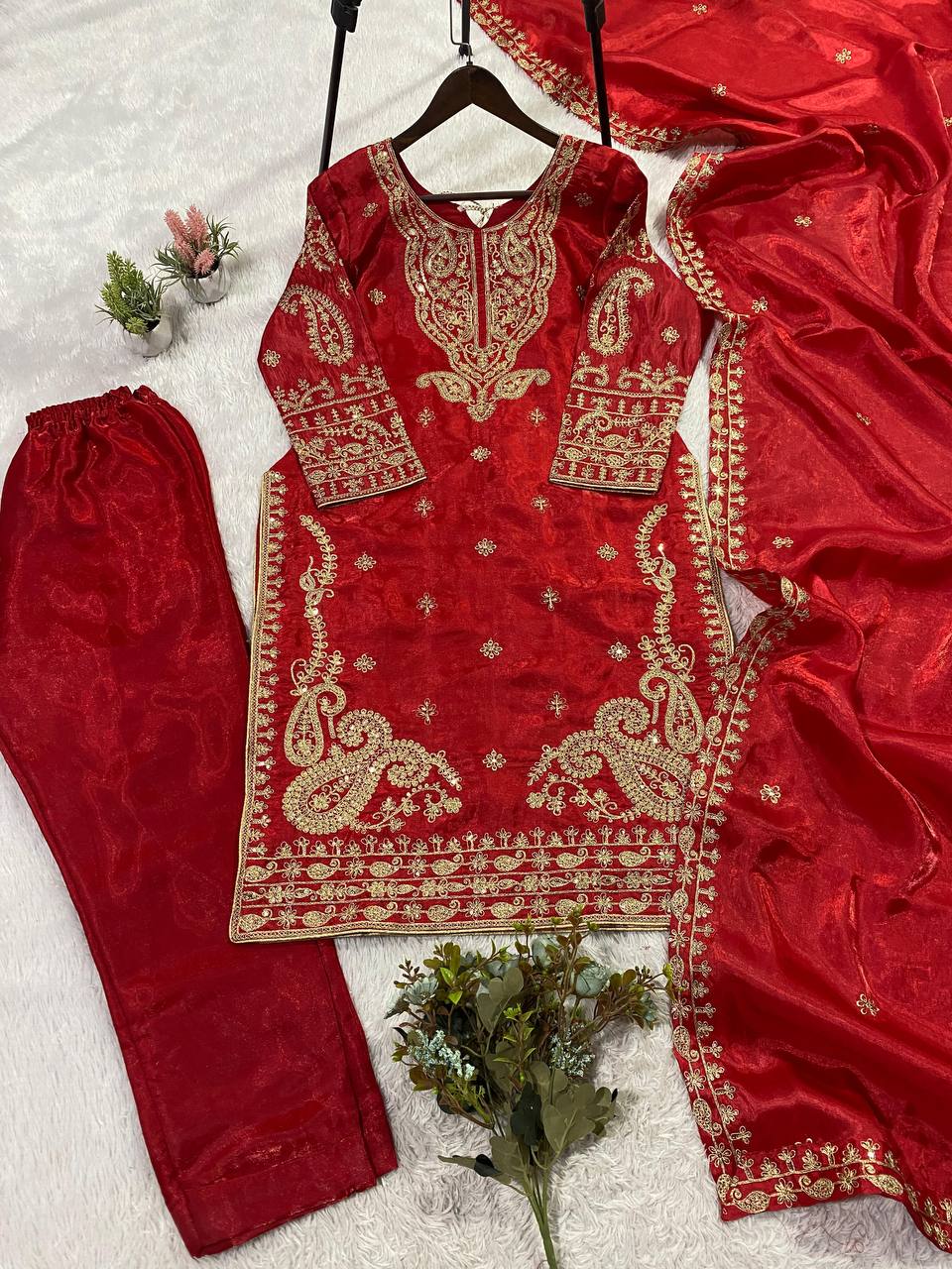Fabulous Red Color Cording Sequence Embroidered Salwar Suit