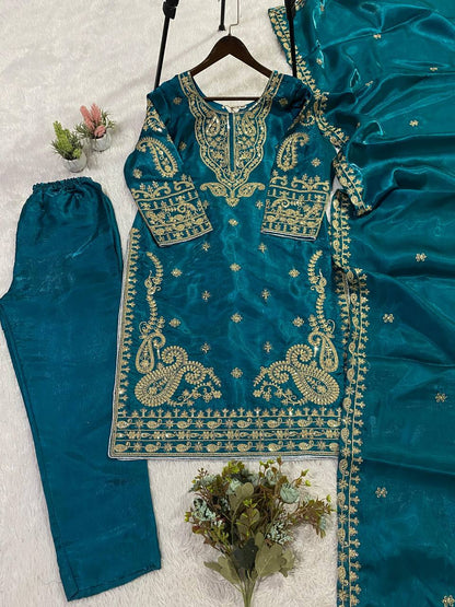 Wedding Wear Blue Color Cording Sequence Embroidered Salwar Suit