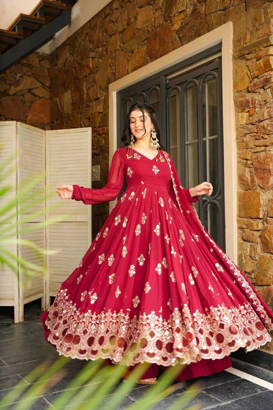 Festive Wear Red Color Embroidered Designer Anarkali Gown