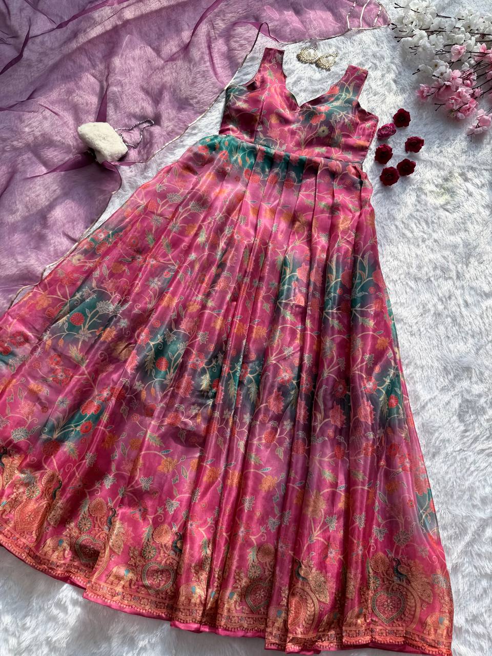 Beautiful Pink Color Jimmy Organza Silk Anarkali Gown