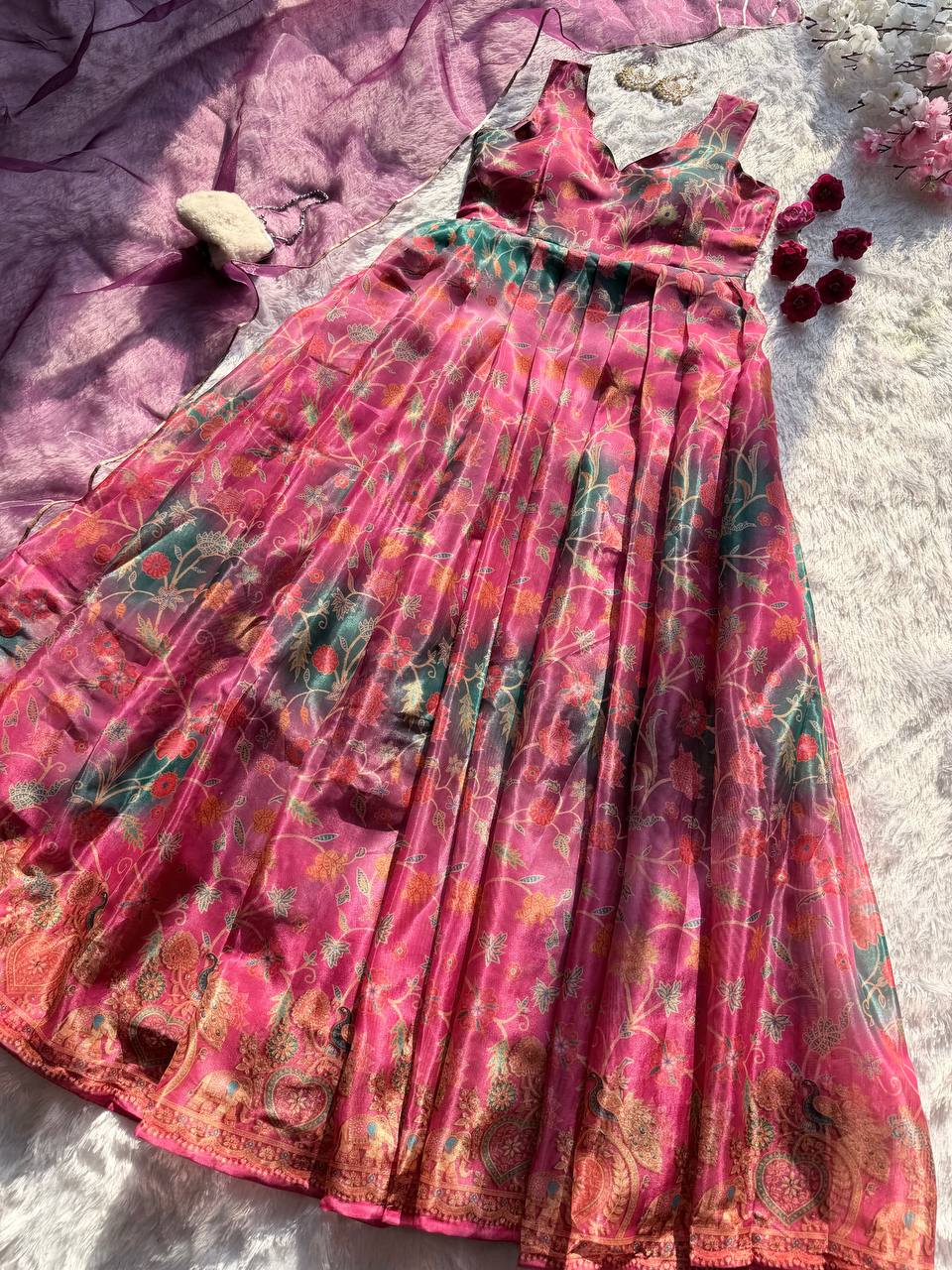 Beautiful Pink Color Jimmy Organza Silk Anarkali Gown