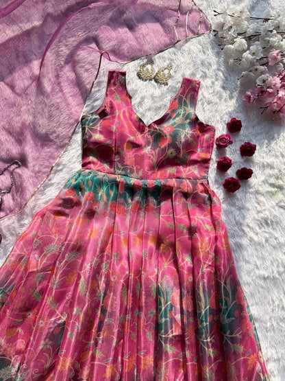 Beautiful Pink Color Jimmy Organza Silk Anarkali Gown