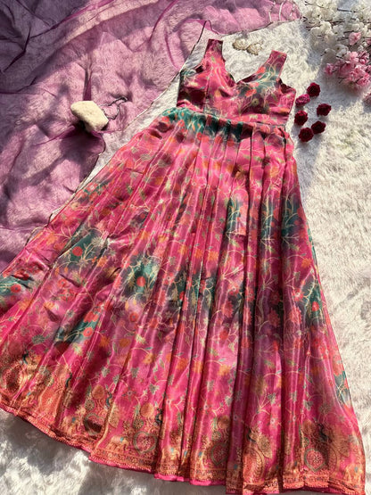 Beautiful Pink Color Jimmy Organza Silk Anarkali Gown