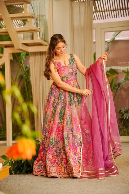 Beautiful Pink Color Jimmy Organza Silk Anarkali Gown