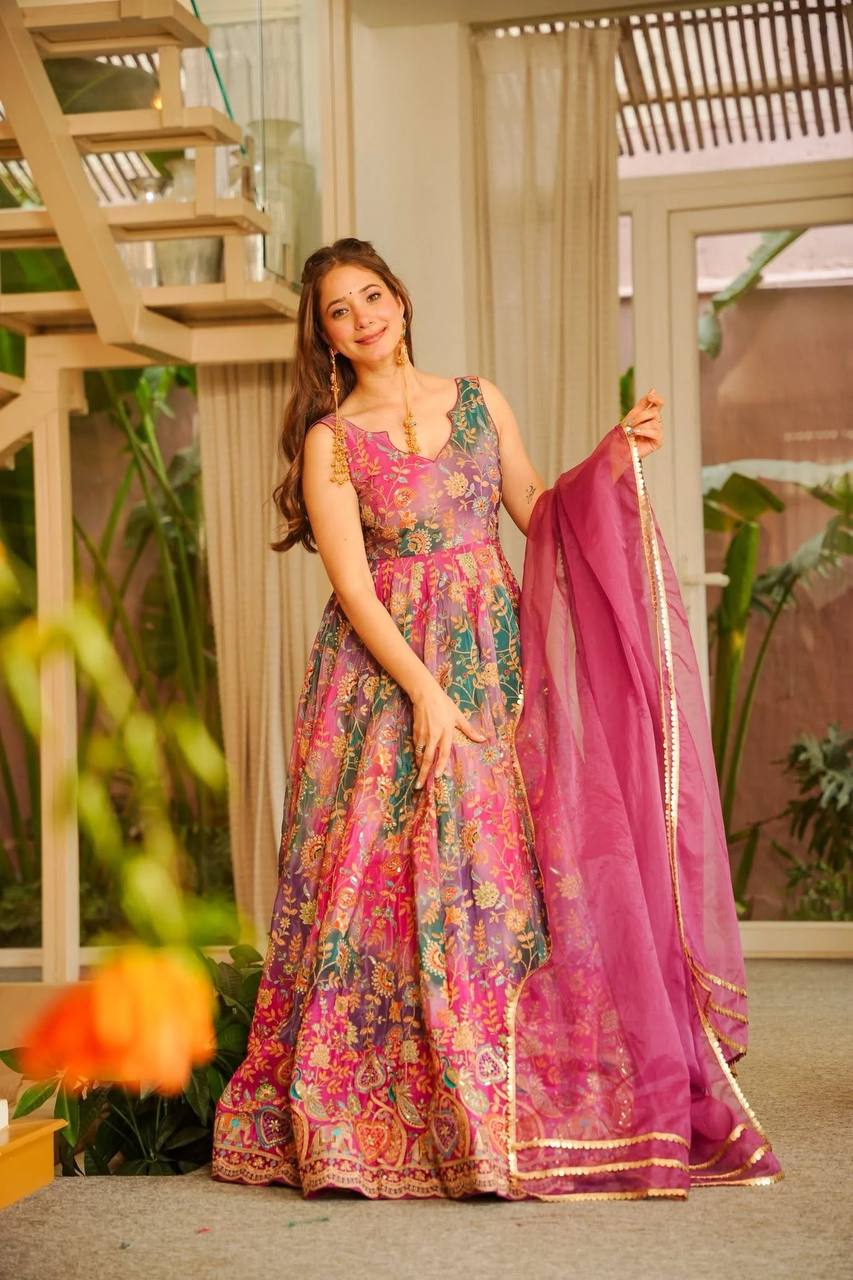 Beautiful Pink Color Jimmy Organza Silk Anarkali Gown