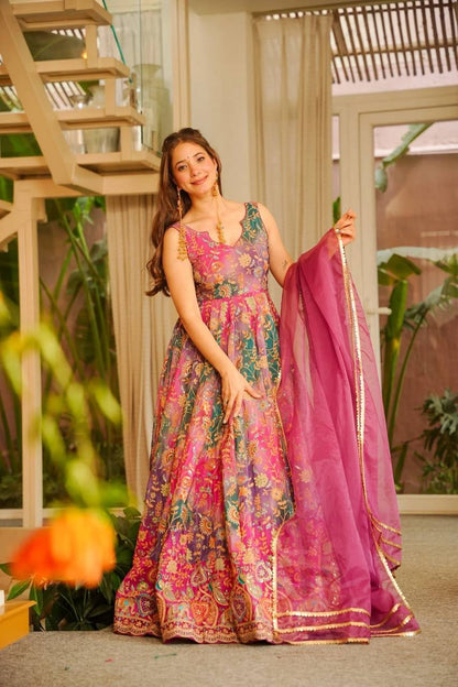 Beautiful Pink Color Jimmy Organza Silk Anarkali Gown