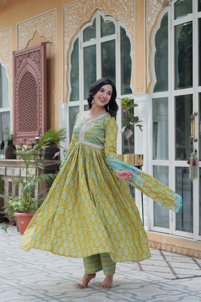 Ceremony Wear Mustard Color Pure Cotton Printed Designer Palazzo Pent Suit