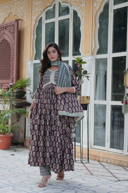 Ceremony Wear Wine Color Pure Cotton Printed Designer Palazzo Pent Suit