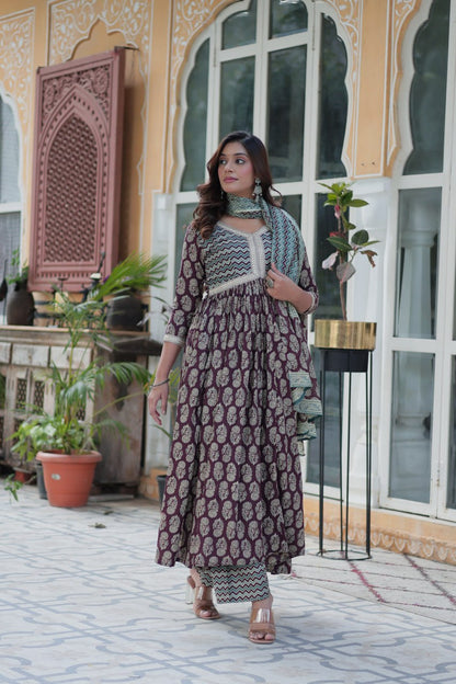 Ceremony Wear Wine Color Pure Cotton Printed Designer Palazzo Pent Suit