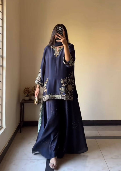 Impossing Navy Blue Color Sequence Embroidered Sharara Suit With Dupatta