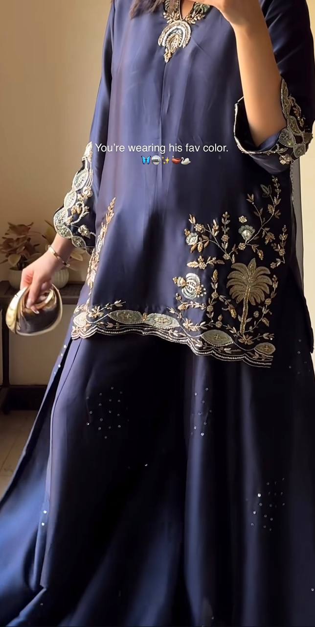 Impossing Navy Blue Color Sequence Embroidered Sharara Suit With Dupatta