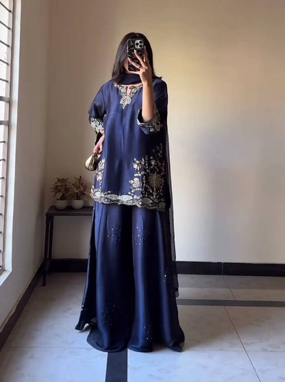 Impossing Navy Blue Color Sequence Embroidered Sharara Suit With Dupatta