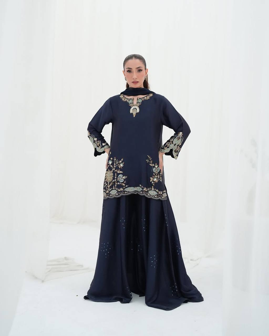 Impossing Navy Blue Color Sequence Embroidered Sharara Suit With Dupatta