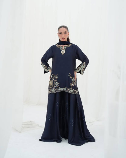 Impossing Navy Blue Color Sequence Embroidered Sharara Suit With Dupatta