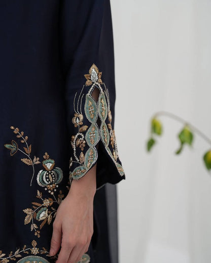 Impossing Navy Blue Color Sequence Embroidered Sharara Suit With Dupatta