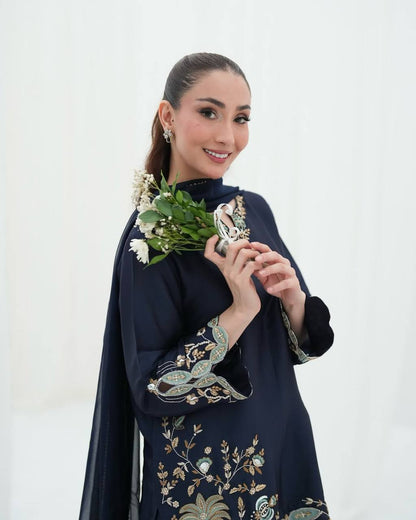 Impossing Navy Blue Color Sequence Embroidered Sharara Suit With Dupatta