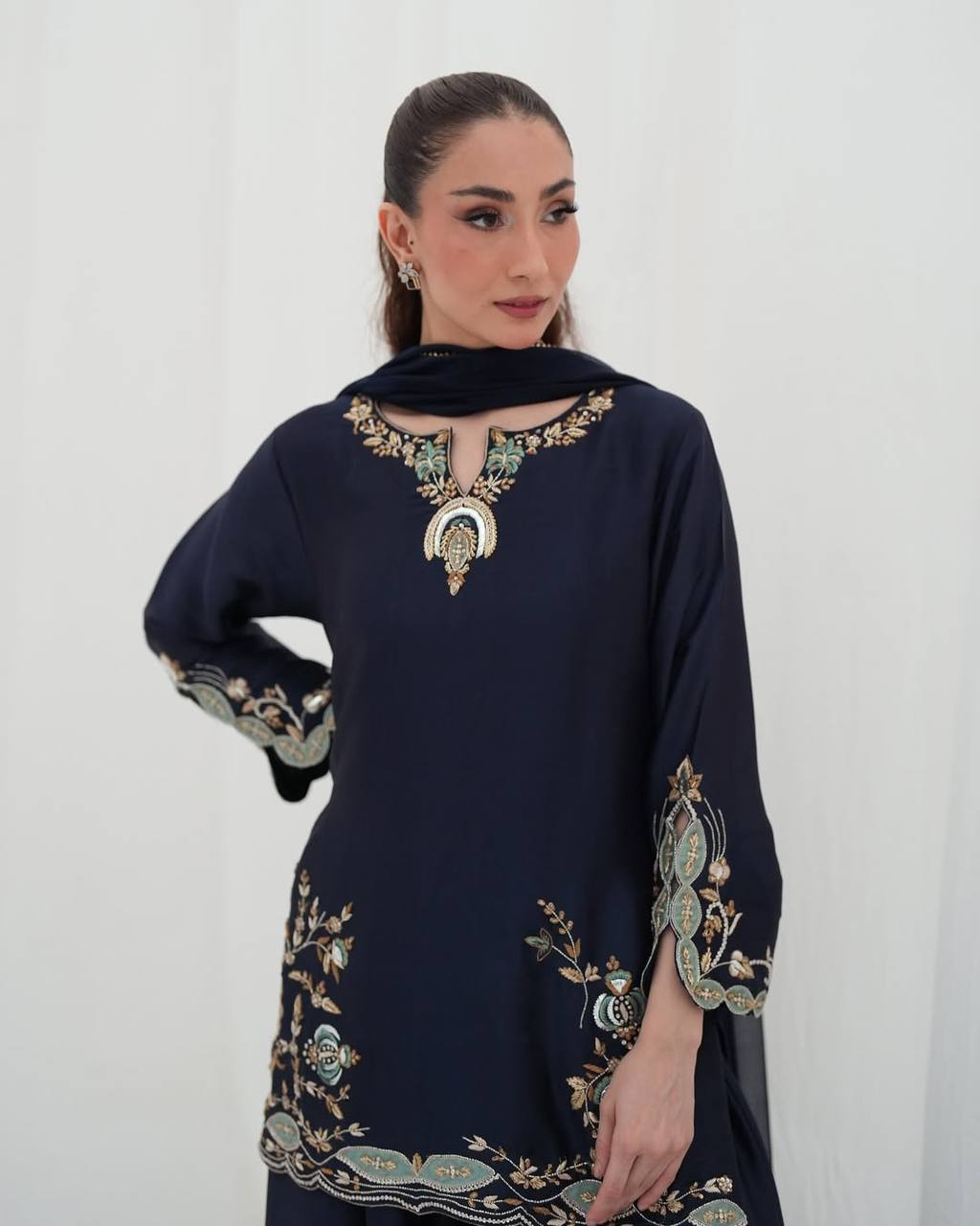 Impossing Navy Blue Color Sequence Embroidered Sharara Suit With Dupatta