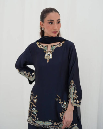 Impossing Navy Blue Color Sequence Embroidered Sharara Suit With Dupatta
