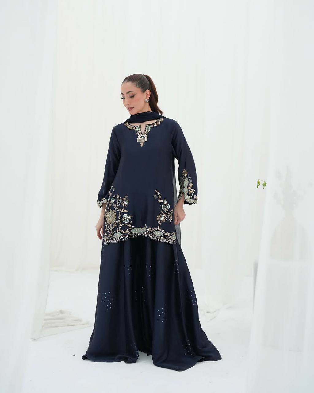 Impossing Navy Blue Color Sequence Embroidered Sharara Suit With Dupatta