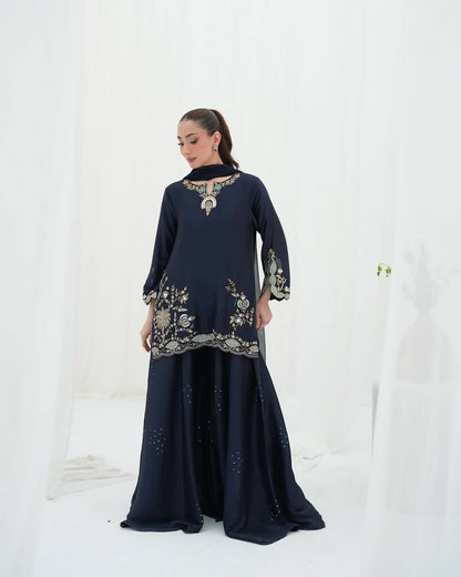 Impossing Navy Blue Color Sequence Embroidered Sharara Suit With Dupatta