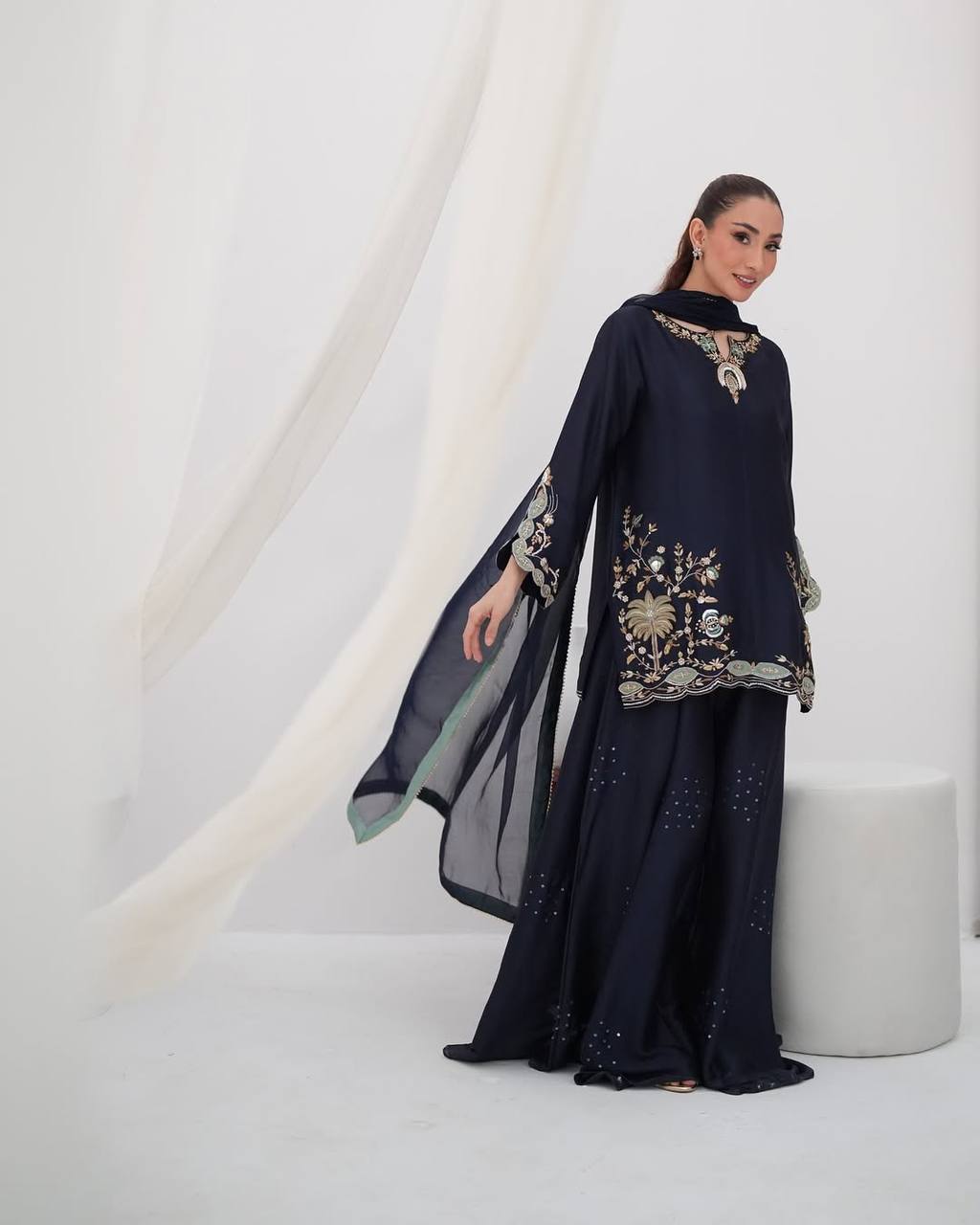 Impossing Navy Blue Color Sequence Embroidered Sharara Suit With Dupatta