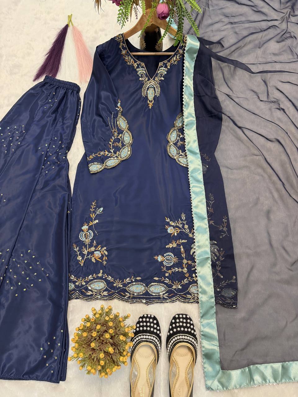 Impossing Navy Blue Color Sequence Embroidered Sharara Suit With Dupatta