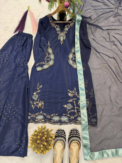Impossing Navy Blue Color Sequence Embroidered Sharara Suit With Dupatta