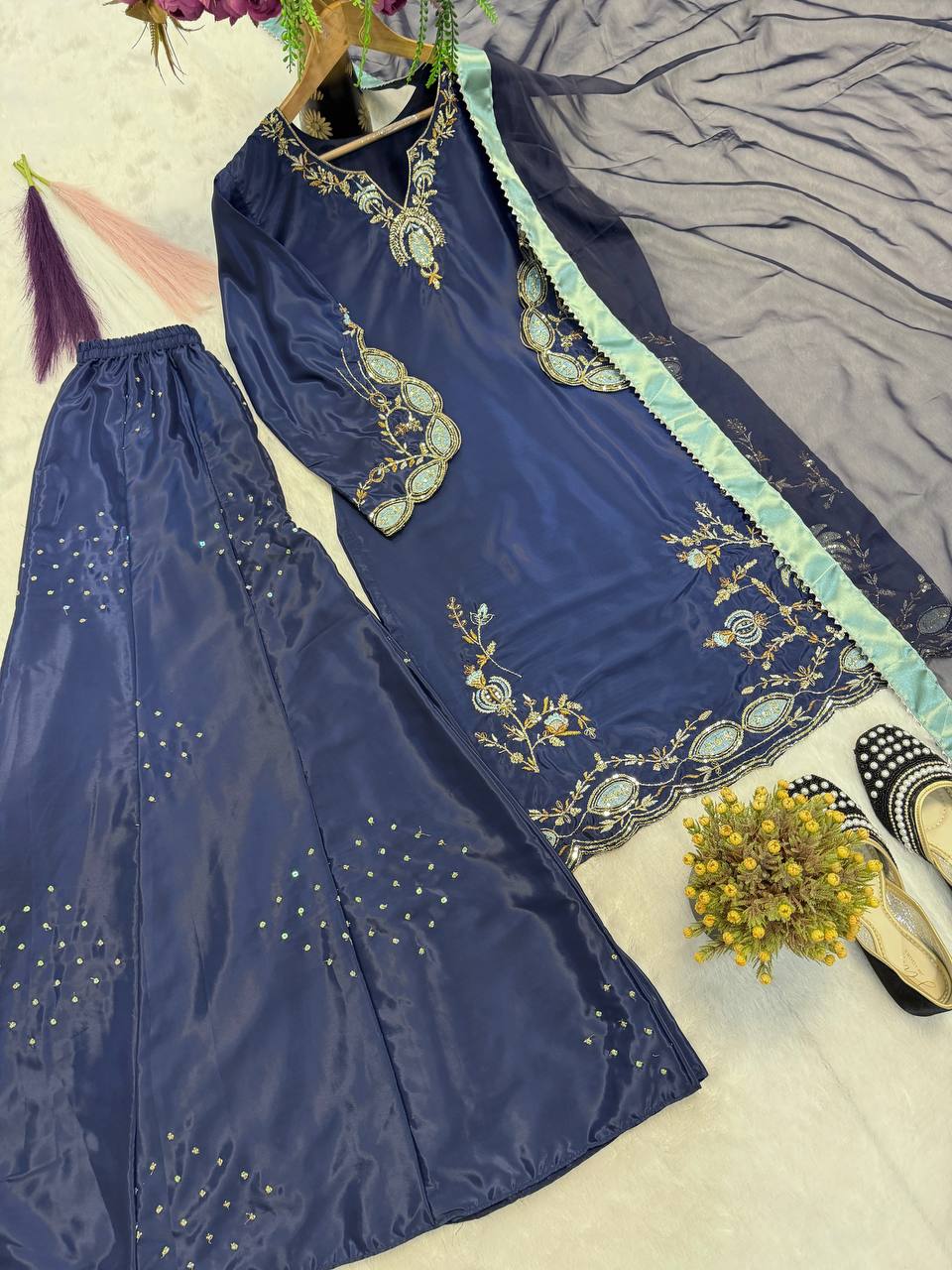 Impossing Navy Blue Color Sequence Embroidered Sharara Suit With Dupatta