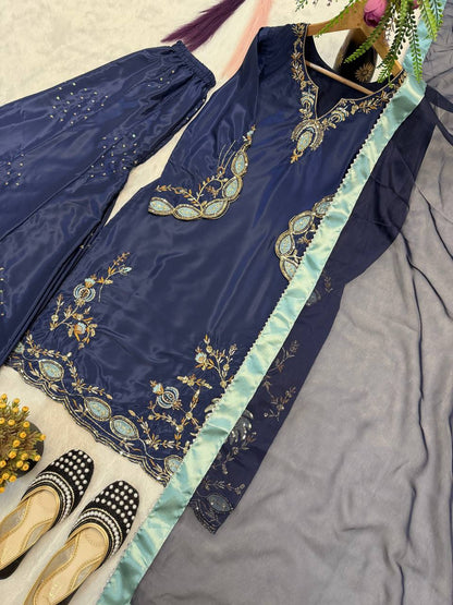 Impossing Navy Blue Color Sequence Embroidered Sharara Suit With Dupatta