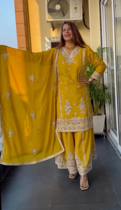 Captivating Yellow Color Pure Chinon Silk With Heavy Embroidery Coding Sequence Work Palazzo Suit