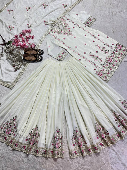 Elegant White Color Pure Chinon Silk With Heavy Embroidery Coding Sequence Work Palazzo Suit