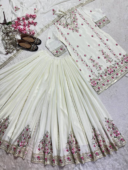 Elegant White Color Pure Chinon Silk With Heavy Embroidery Coding Sequence Work Palazzo Suit