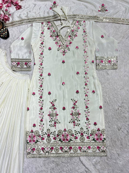 Elegant White Color Pure Chinon Silk With Heavy Embroidery Coding Sequence Work Palazzo Suit