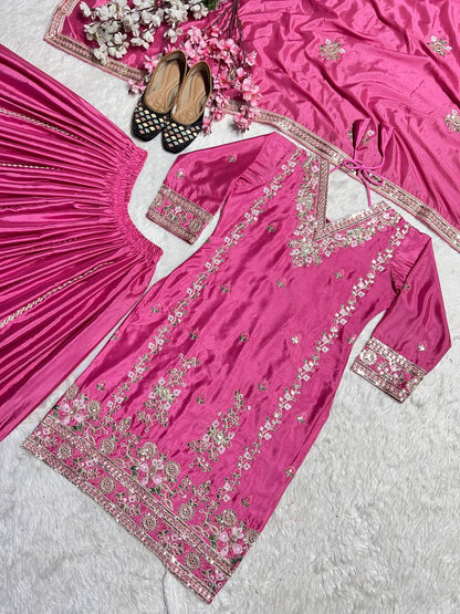 Glimmering Pink Color Pure Chinon Silk With Heavy Embroidery Coding Sequence Work Palazzo Suit