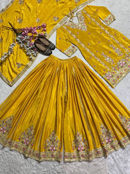 Captivating Yellow Color Pure Chinon Silk With Heavy Embroidery Coding Sequence Work Palazzo Suit