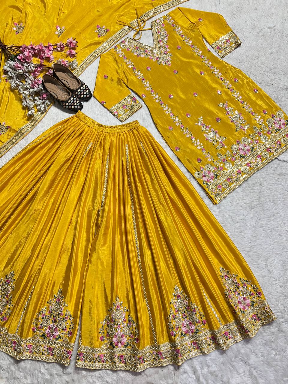 Captivating Yellow Color Pure Chinon Silk With Heavy Embroidery Coding Sequence Work Palazzo Suit
